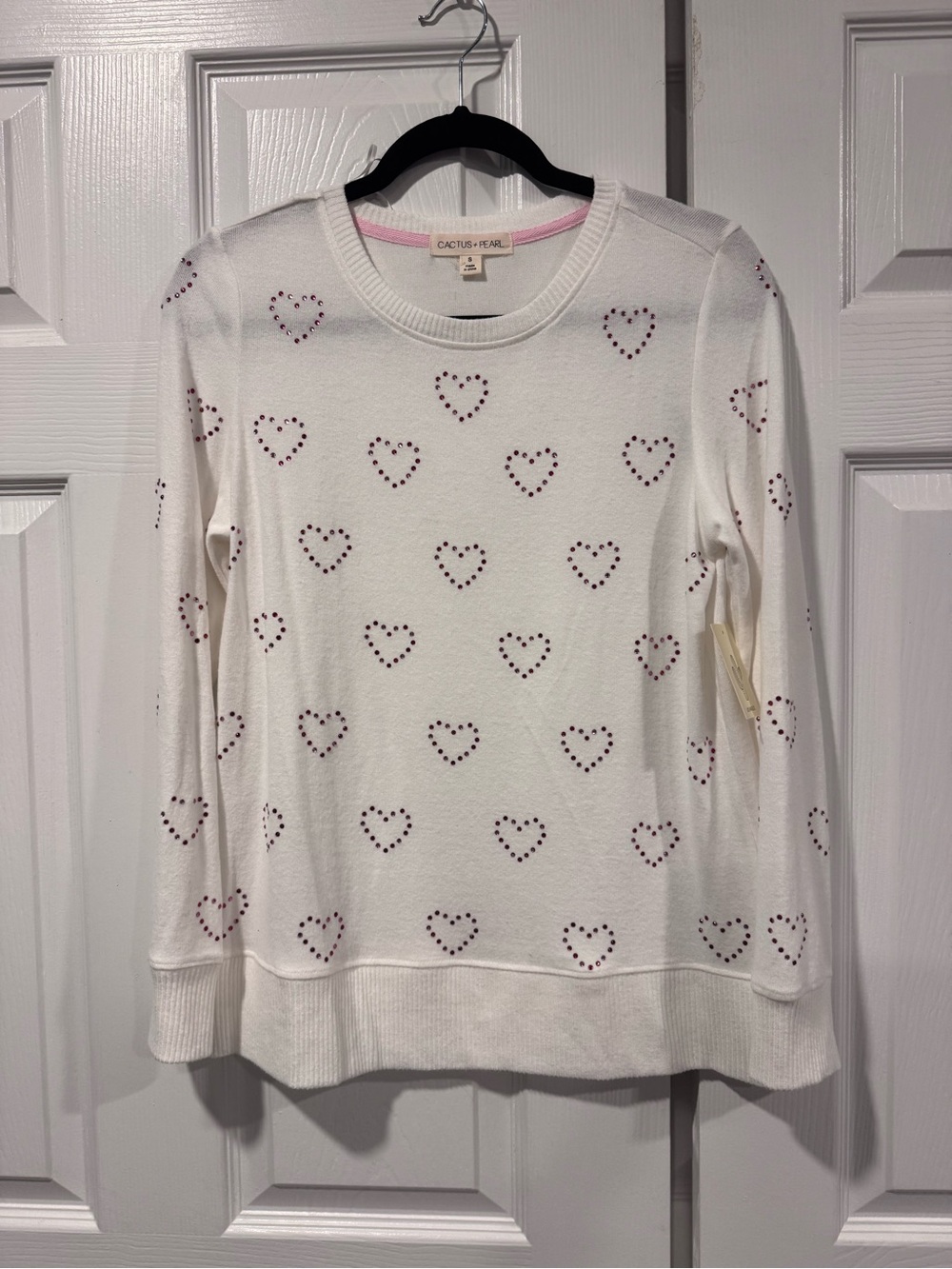 Cactus + Pearl White Crewneck Sweater with Pink Heart Studs